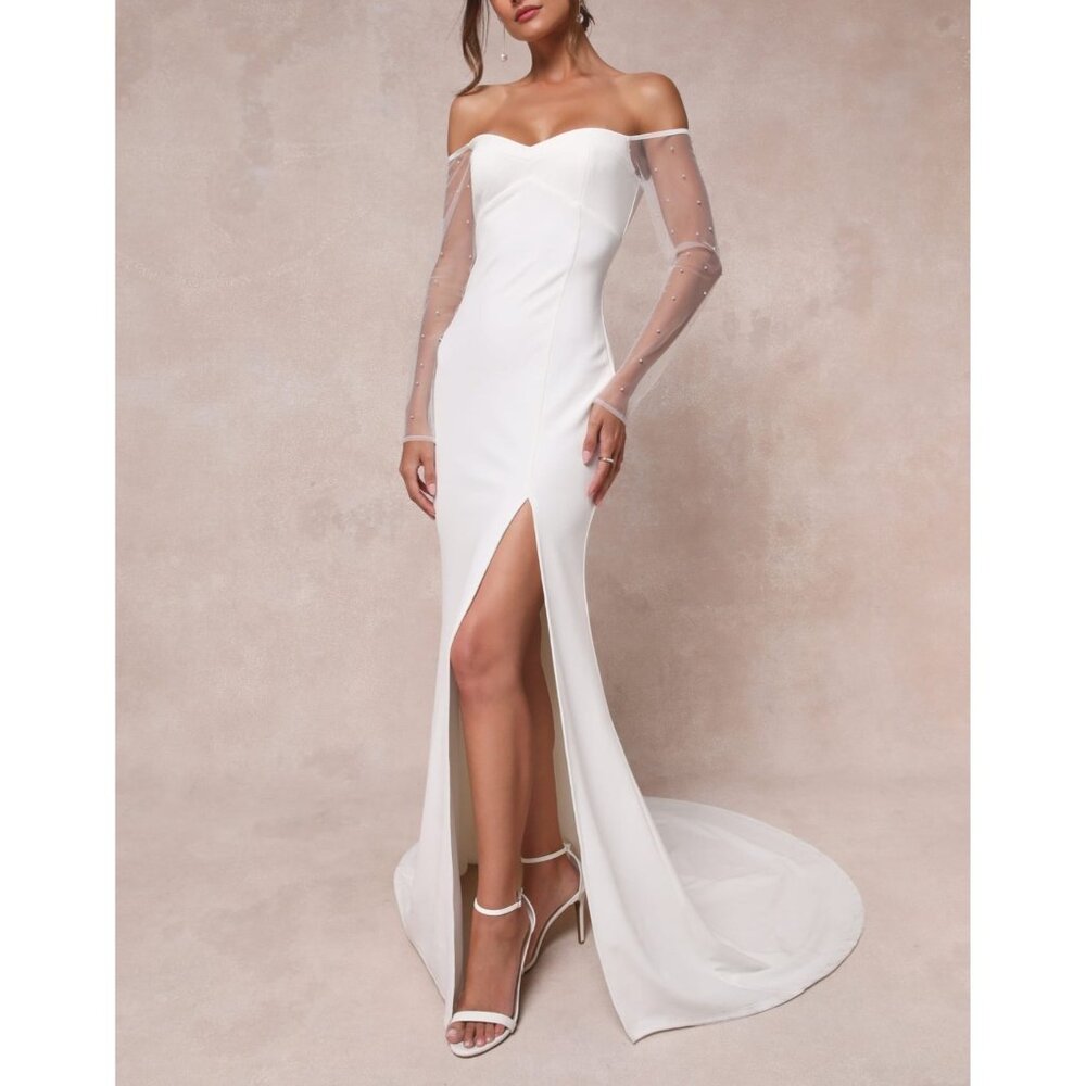 Lulus Eternally Beloved White Mesh Off-the-Shoulder Pearl Maxi Wedding Dress Sz